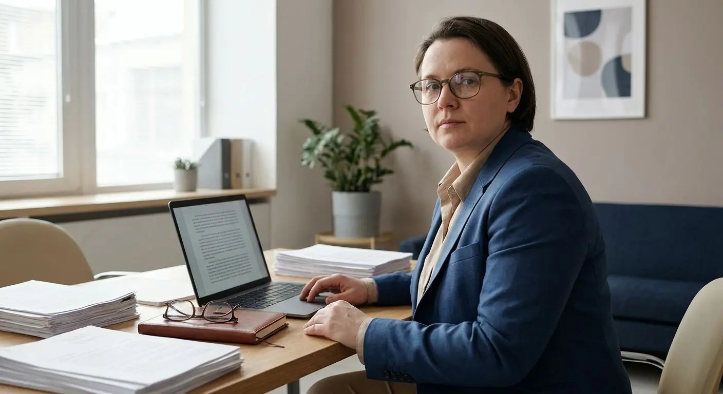 Figura profesional revisando documentos legales en un escritorio
