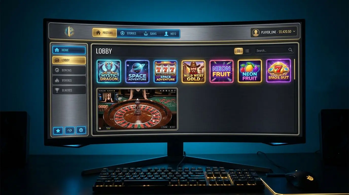 Sección de juegos en Wplay Lobby digital con juegos tipo slots y mesa estilo ruleta visible