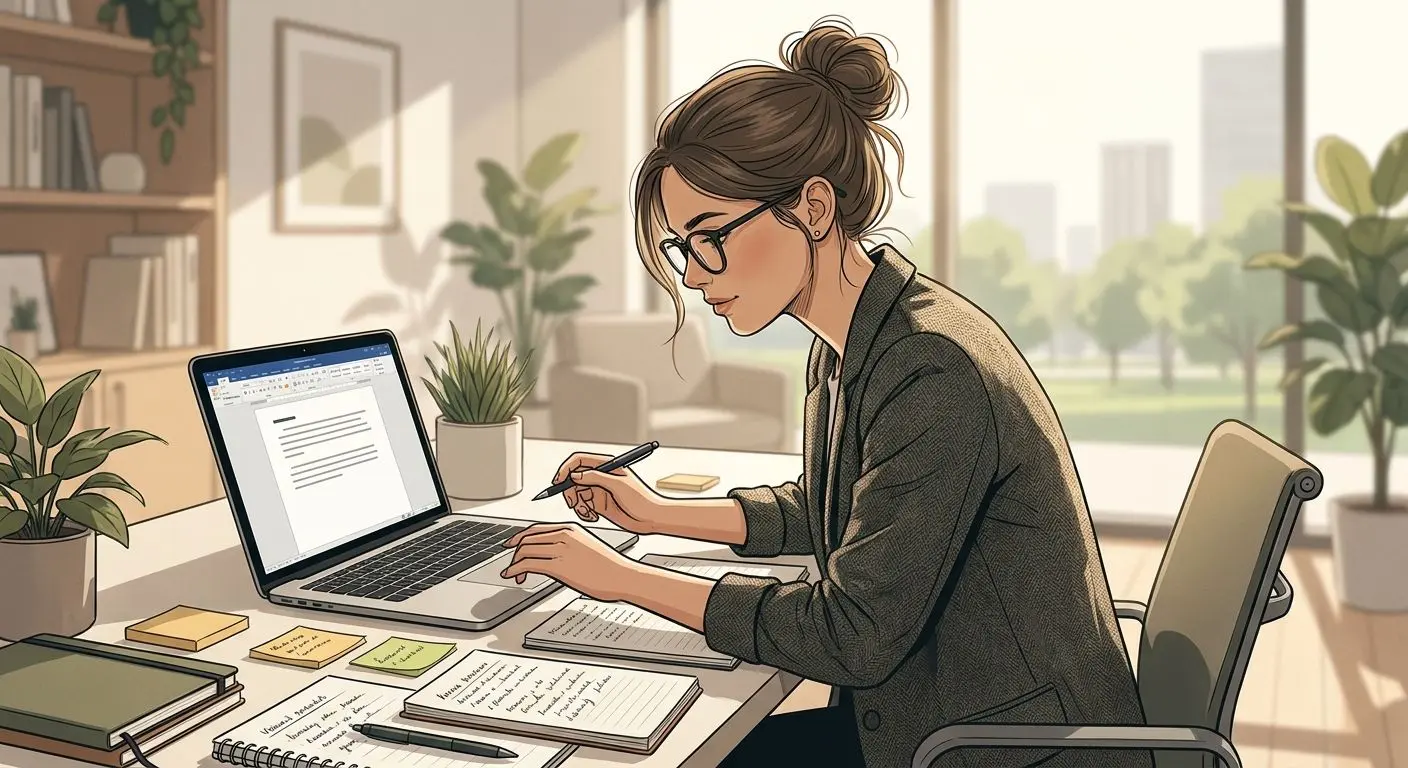 Ilustración de una autora de contenidos en un entorno profesional