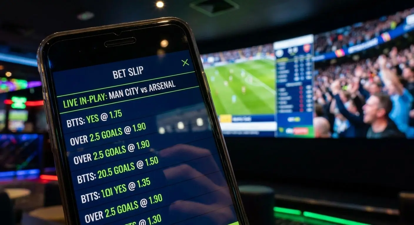 Cupón digital de fútbol con partido en vivo al fondo