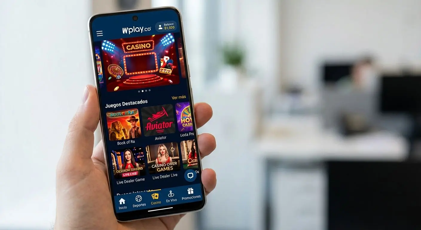 Interfaz de la aplicaci&oacute;n Wplay mostrando el men&uacute; principal de casino m&oacute;vil