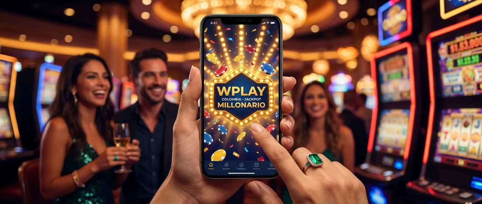 Banner promocional con interfaz de WPlay y símbolos de bono gratis de bienvenida en ambiente festivo.