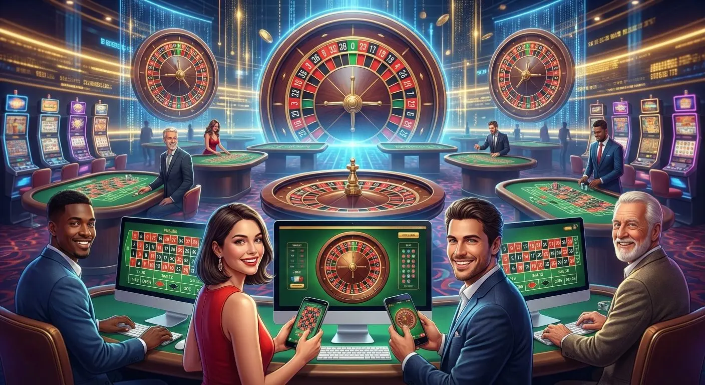 Jugadores disfrutando de juegos de casino en línea en un ambiente moderno estilo digital.