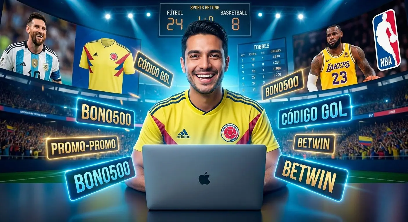 Apostador colombiano usando laptop, bonos y códigos Wplay emergiendo digitalmente