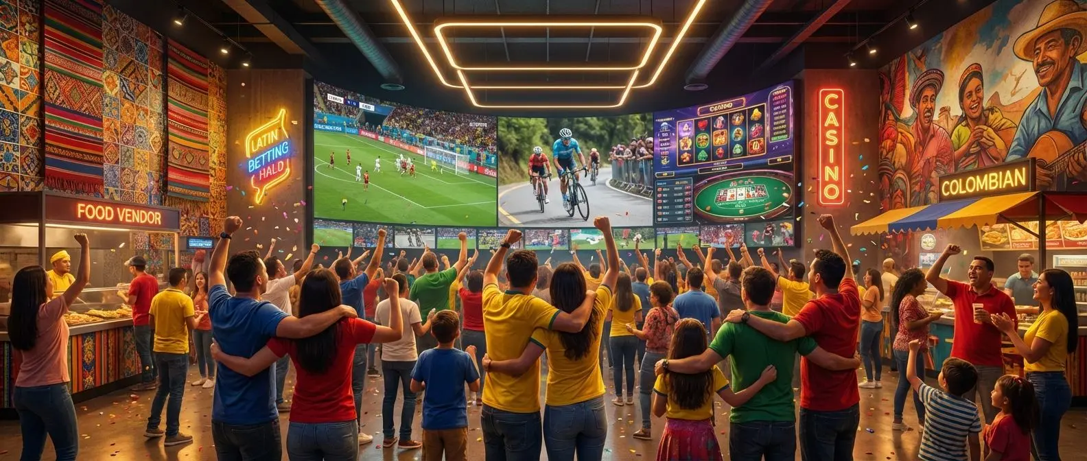 Ambiente vibrante de apuestas en línea en Colombia con usuarios participando en deportes y casino