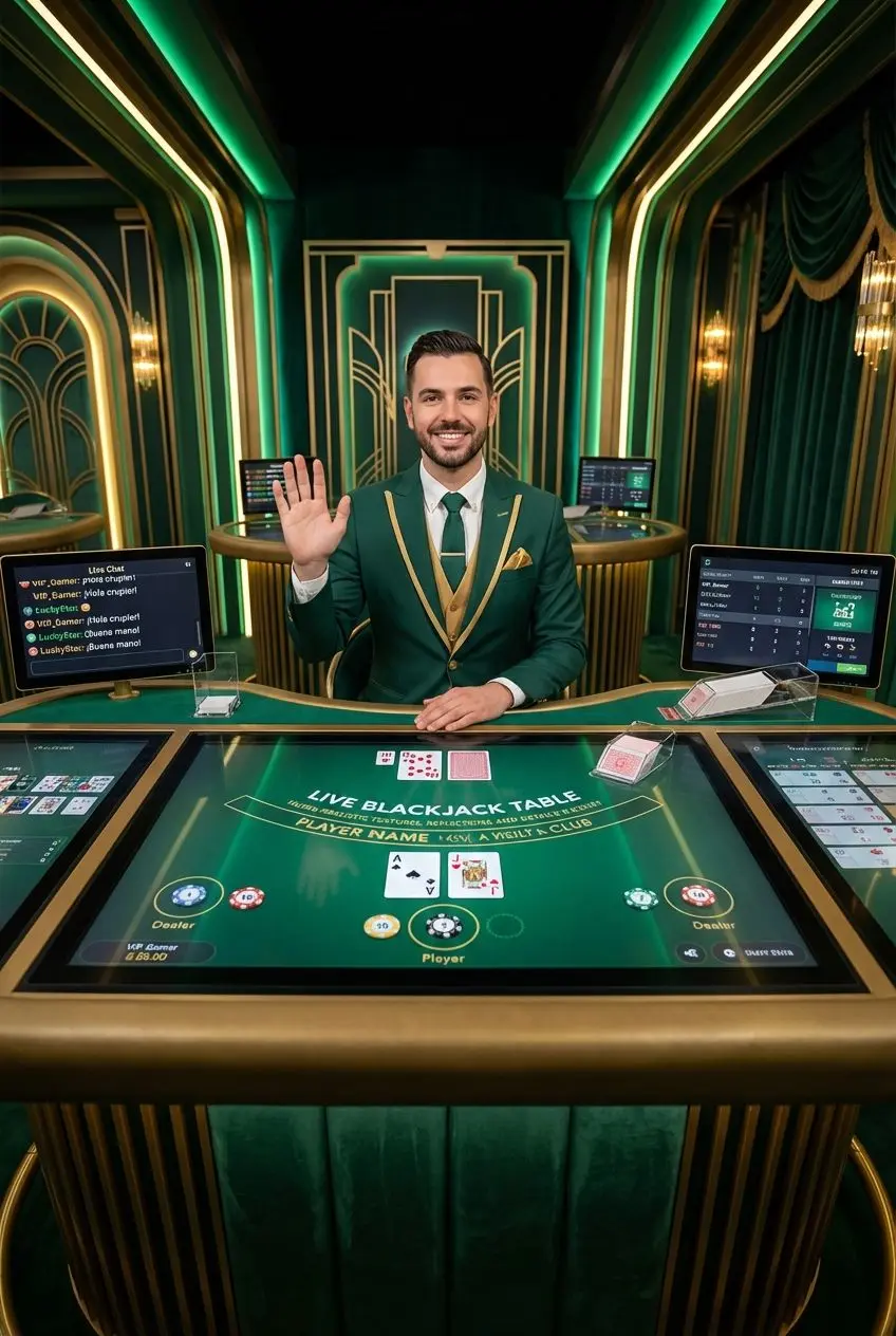 Mesa de blackjack en vivo con crupier y cartas en Wplay
