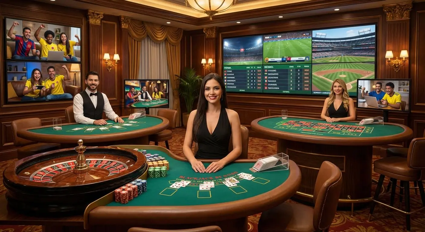 Escena de casino en vivo y pantallas de apuestas deportivas en Wplay