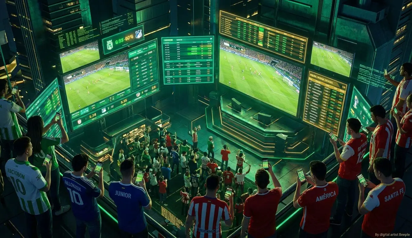 Pantallas en vivo de partidos de fútbol y estadísticas en Wplay, apostadores con dispositivos.