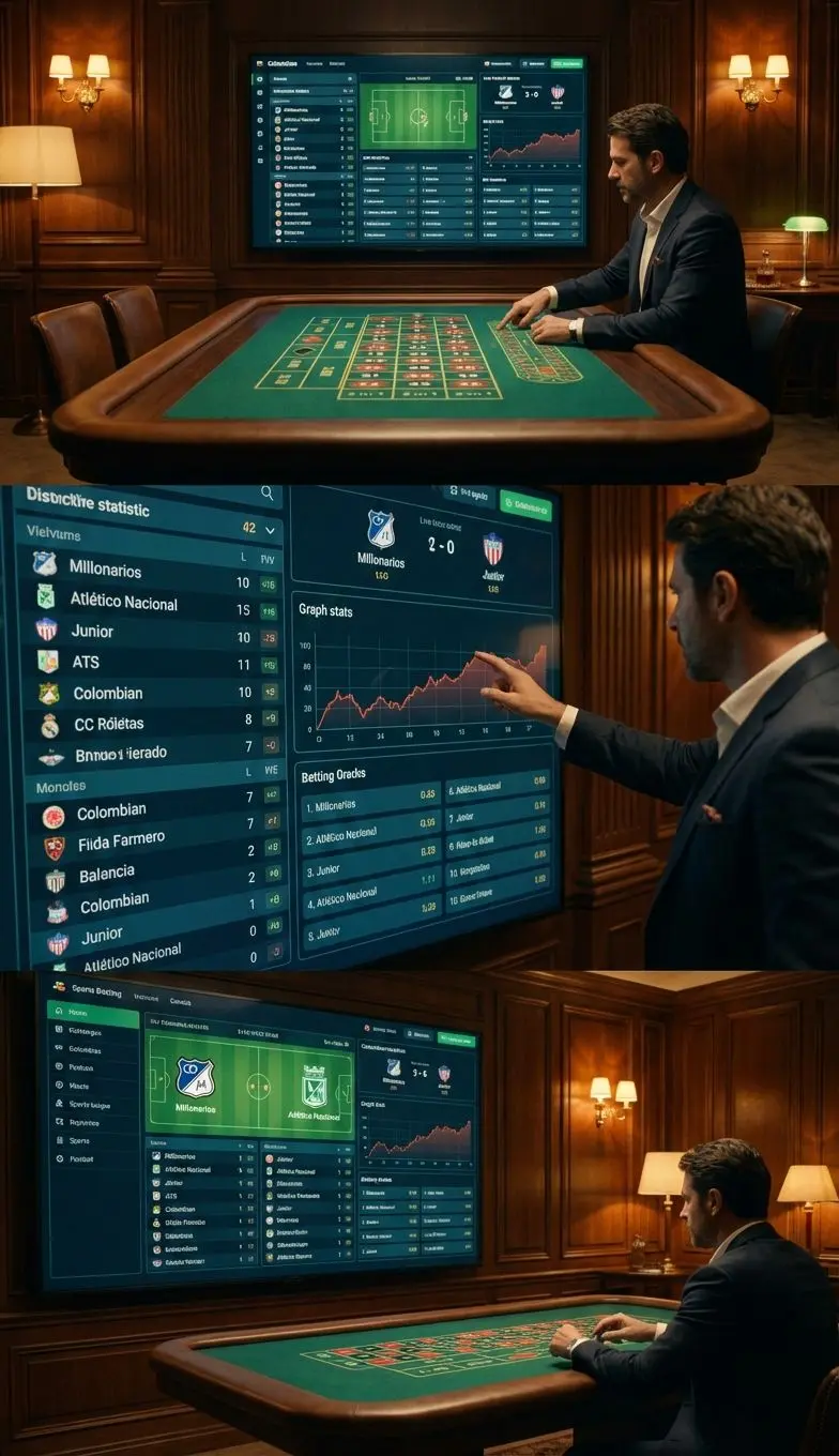 Mesa con pantalla de estadísticas y jugador organizando sus apuestas de fútbol en vivo.