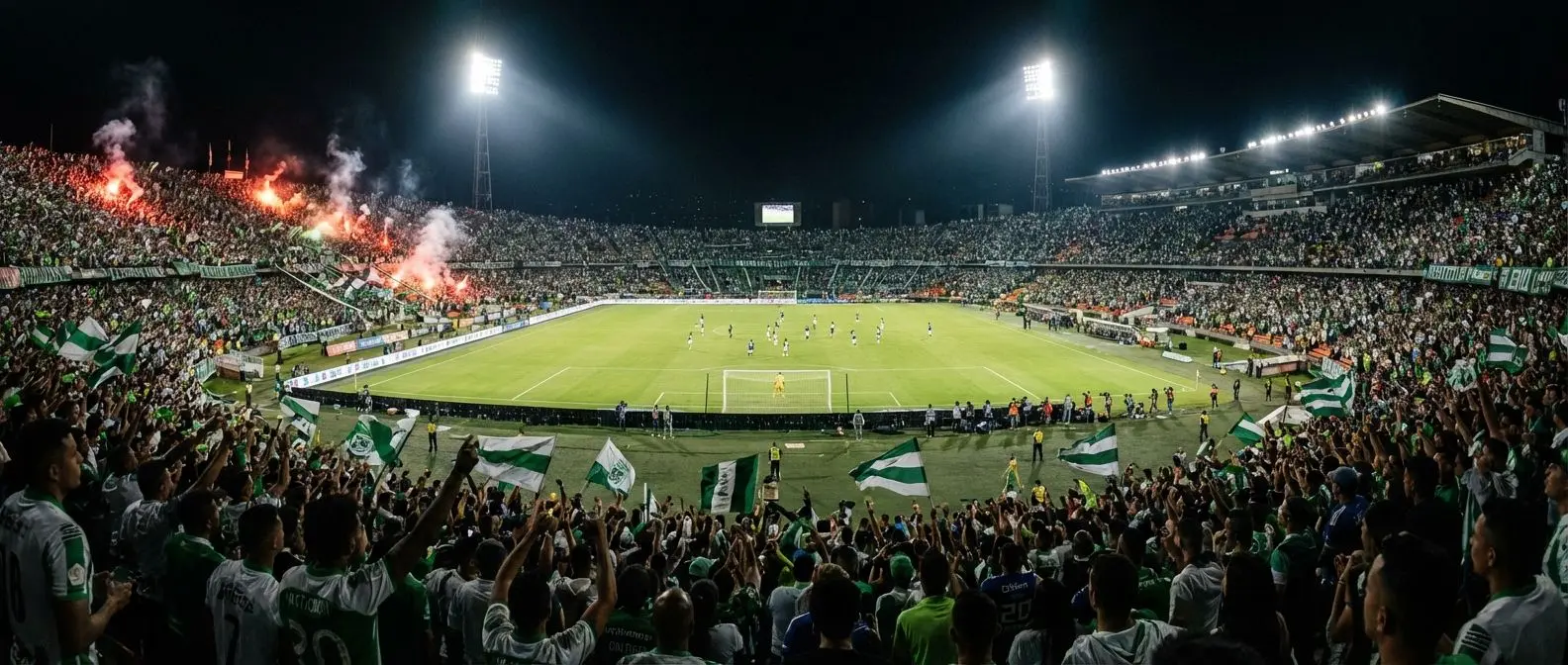 Partido de fútbol colombiano en vivo con el estadio lleno y equipos disputando el balón.