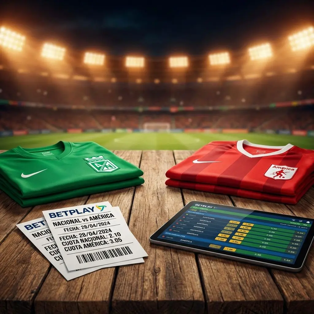 Boletos de apuestas, camiseta de Nacional y América y pantalla con cuotas de fútbol.