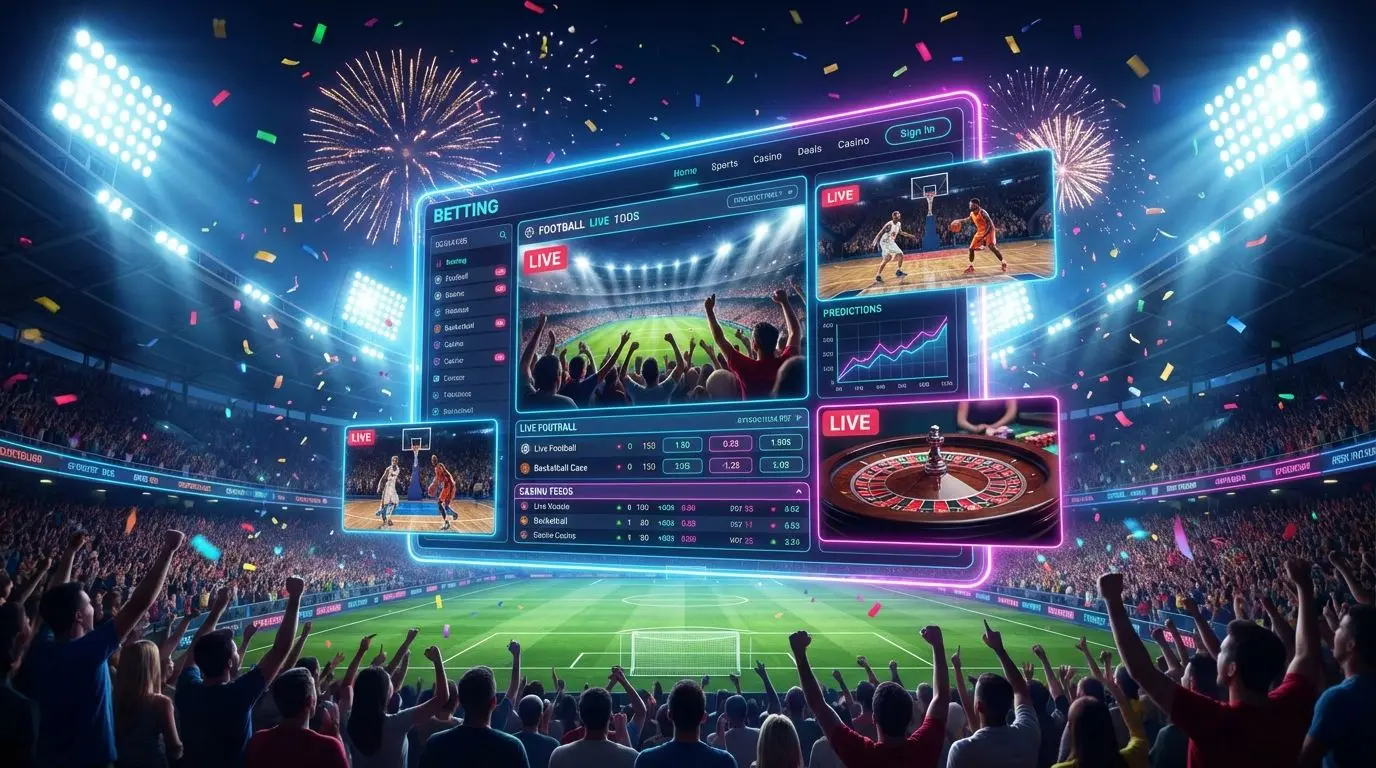 Multitudes celebrando en estadio con plataforma de apuestas en pantalla digital.