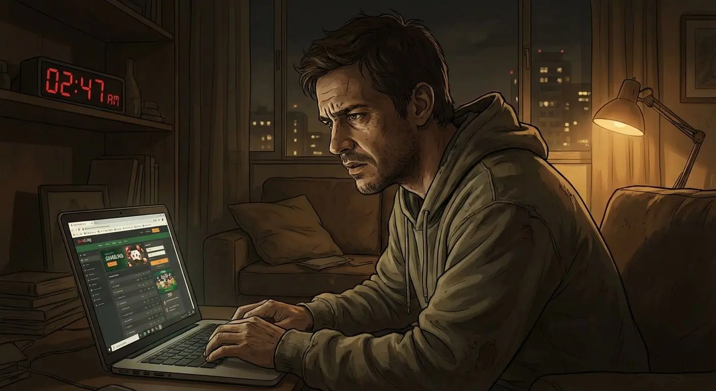 Señales de advertencia: apostador preocupado perdiendo el control del tiempo