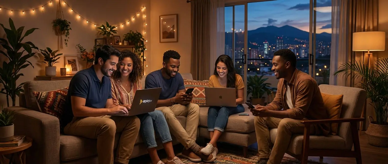 Banner visualizando juego responsable en Colombia con jóvenes apostando en línea con WPlay en ambiente seguro y amigable