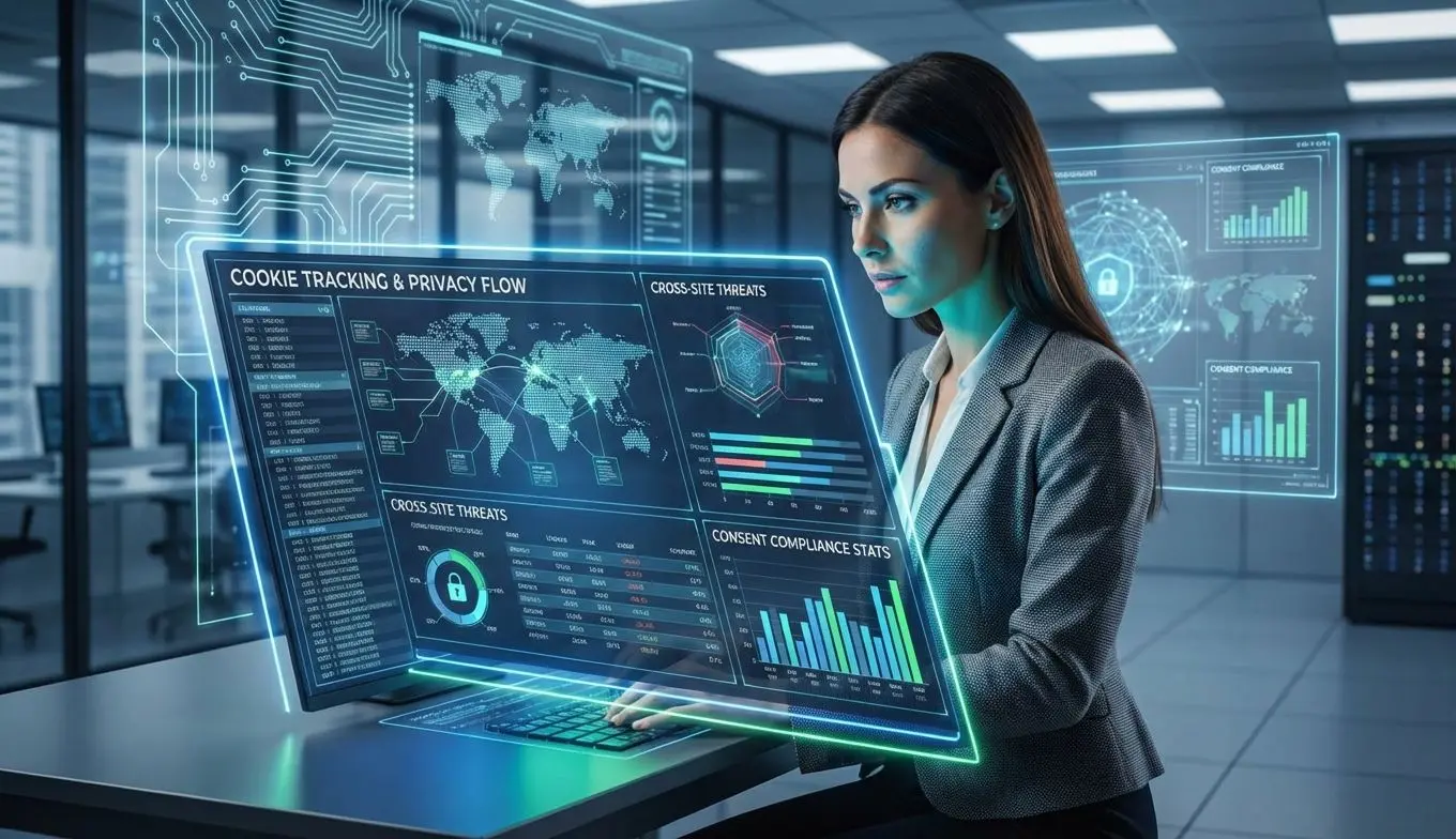 Profesional en seguridad verificando el control de cookies en Wplay para la privacidad del usuario