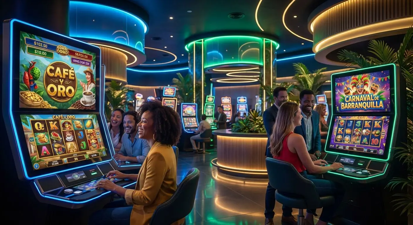 Ambiente animado de casino en línea con tragamonedas y jugadores sonrientes en Colombia