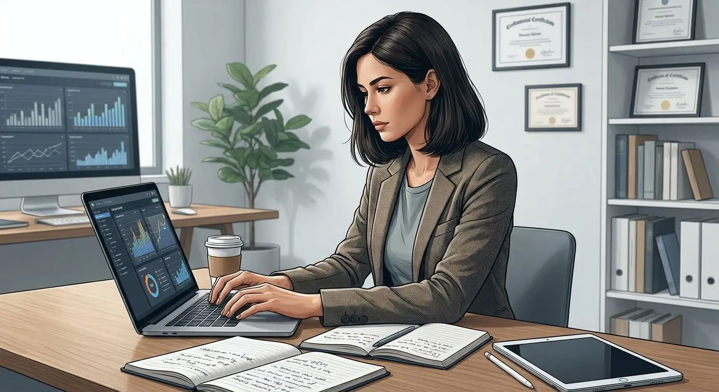 Figura profesional analizando contenidos y datos en un espacio de trabajo