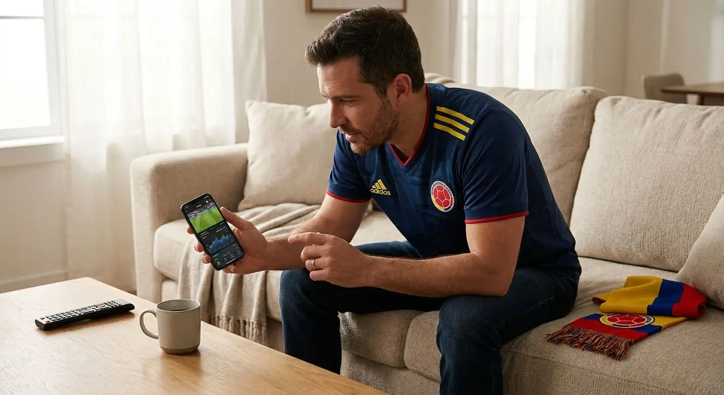 Uso de Wplay App durante un partido Usuario revisando la app móvil durante un partido de fútbol
