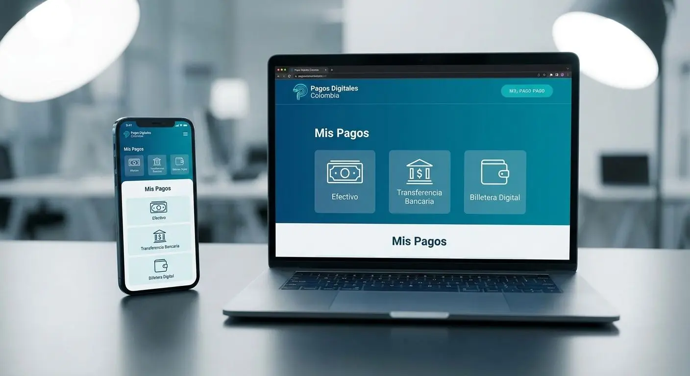 Interfaz de pagos online en celular y computador con opciones de banco y billetera