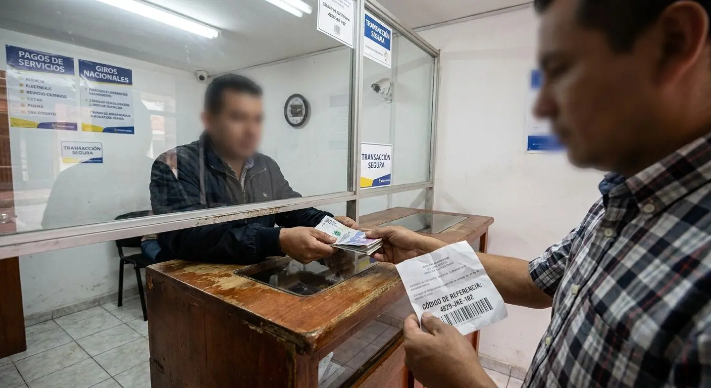 Persona retirando dinero en un punto físico con código de referencia
