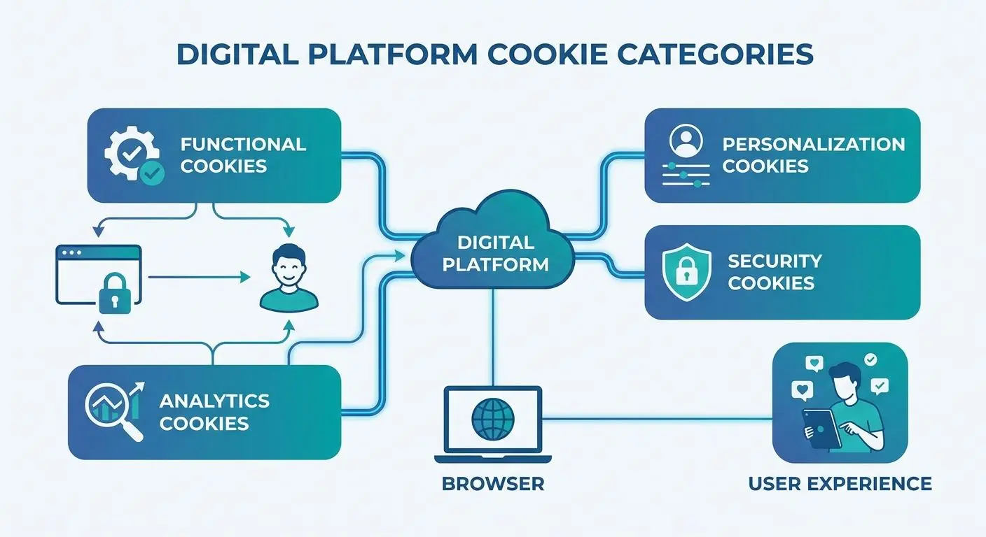 Iconos de tipos de cookies sobre interfaz web