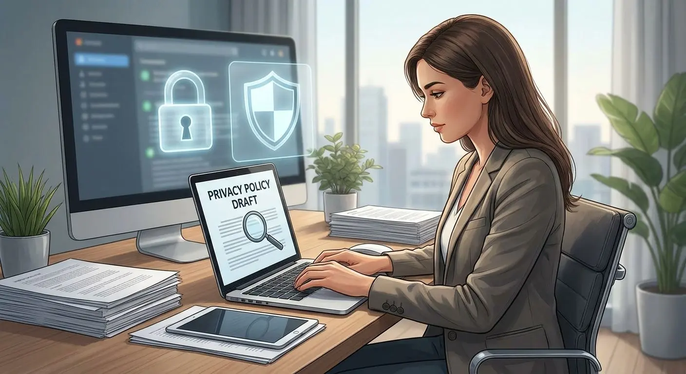 Autora de contenidos sobre privacidad y SEO Ilustración profesional neutra de autora especialista en contenidos