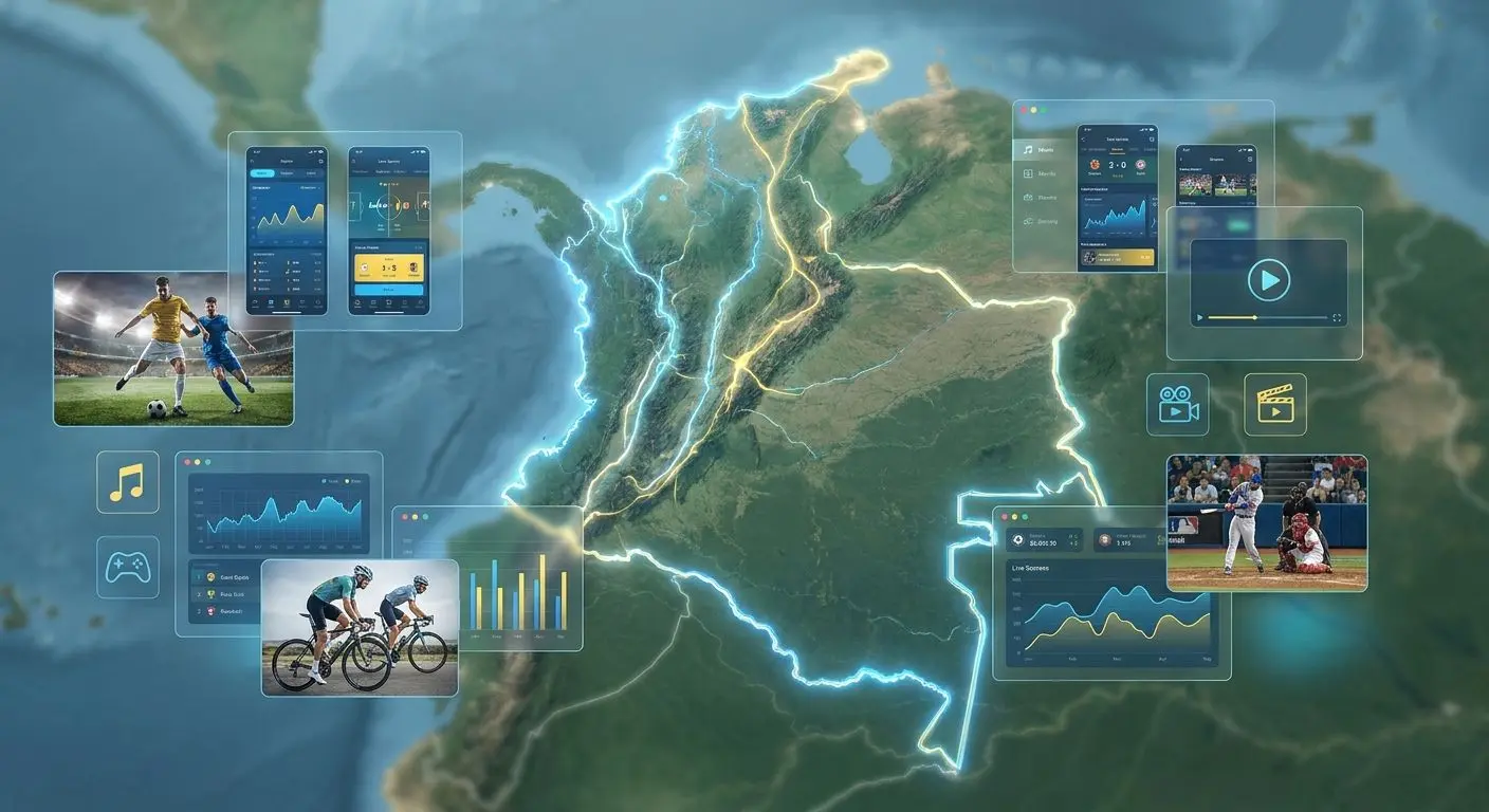 Escenas deportivas y entorno digital sobre mapa de Colombia