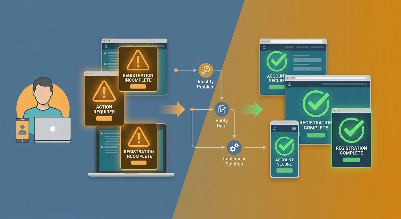Errores de registro convertidos en soluciones con iconos y checks
