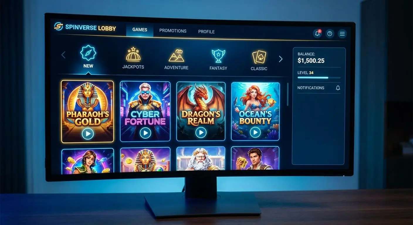 Interfaz del lobby de slots Wplay Lobby de tragamonedas online con categorías y vista previa de juegos